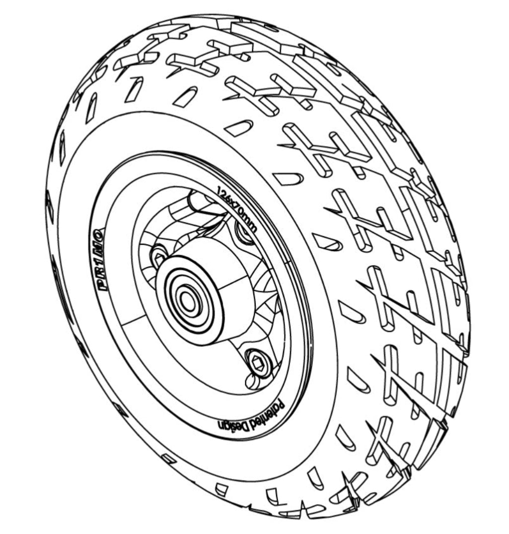 Outline view of the Black 2.80/2.50-4 Primo Durotrap caster wheel designed for Pride Quantum Power Wheelchairs, including Quantum R-TRAK and Quantum 4FRONT models. C-9210F Durable replacement caster wheel assembly for smooth, reliable performance. Pride WHL1703592
