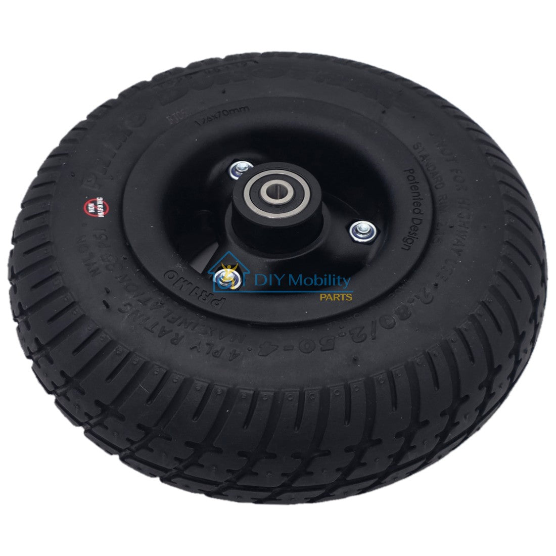 Angled view of the Black 2.80/2.50-4 Primo Durotrap caster wheel designed for Pride Quantum Power Wheelchairs, including Quantum R-TRAK and Quantum 4FRONT models. C-9210F Durable replacement caster wheel assembly for smooth, reliable performance. Pride WHL1703592