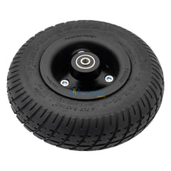 Angled view of the Black 2.80/2.50-4 Primo Durotrap caster wheel designed for Pride Quantum Power Wheelchairs, including Quantum R-TRAK and Quantum 4FRONT models. C-9210F 126x70mm size. Pride WHL1703592