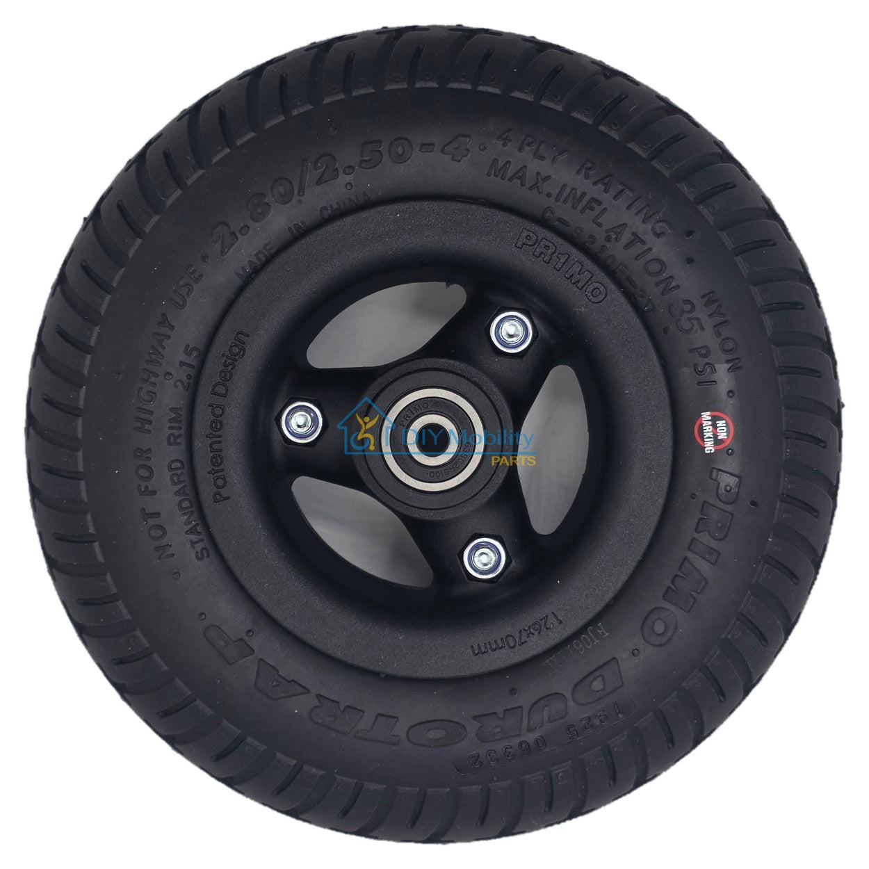 Side view of the Black 2.80/2.50-4 Pr1mo Durotrap caster wheel assembly. Non-marking designed for Pride Quantum Power Wheelchairs, including Quantum R-TRAK and Quantum 4FRONT models. C-9210F 126x70mm size. Pride WHL1703592