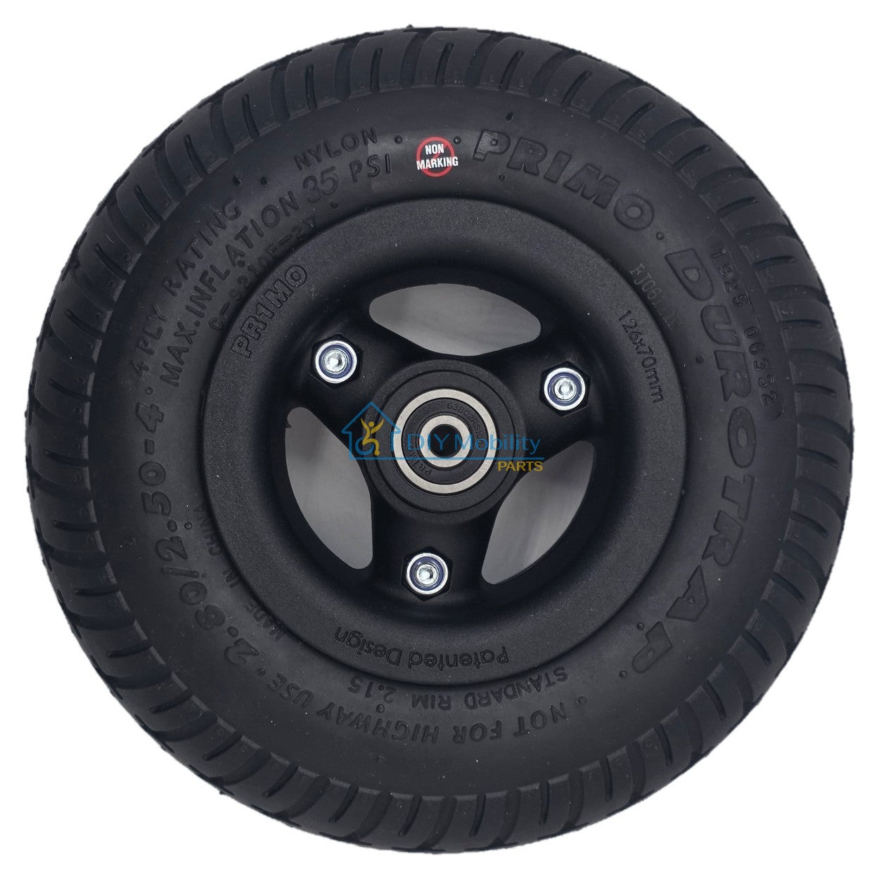 Side view of the Black 2.80/2.50-4 Pr1mo Durotrap caster wheel assembly. Non-marking designed for Pride Quantum Power Wheelchairs, including Quantum R-TRAK and Quantum 4FRONT models. C-9210F 126x70mm size. Pride WHL1703592