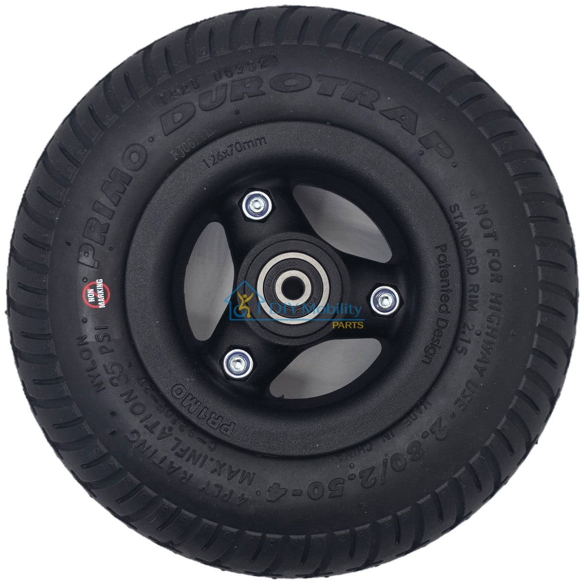 Side view of the Black 2.80/2.50-4 Primo Durotrap caster wheel designed for Pride Quantum Power Wheelchairs, including Quantum R-TRAK and Quantum 4FRONT models. Durable replacement caster wheel assembly for smooth, reliable performance. Pride WHL1703592