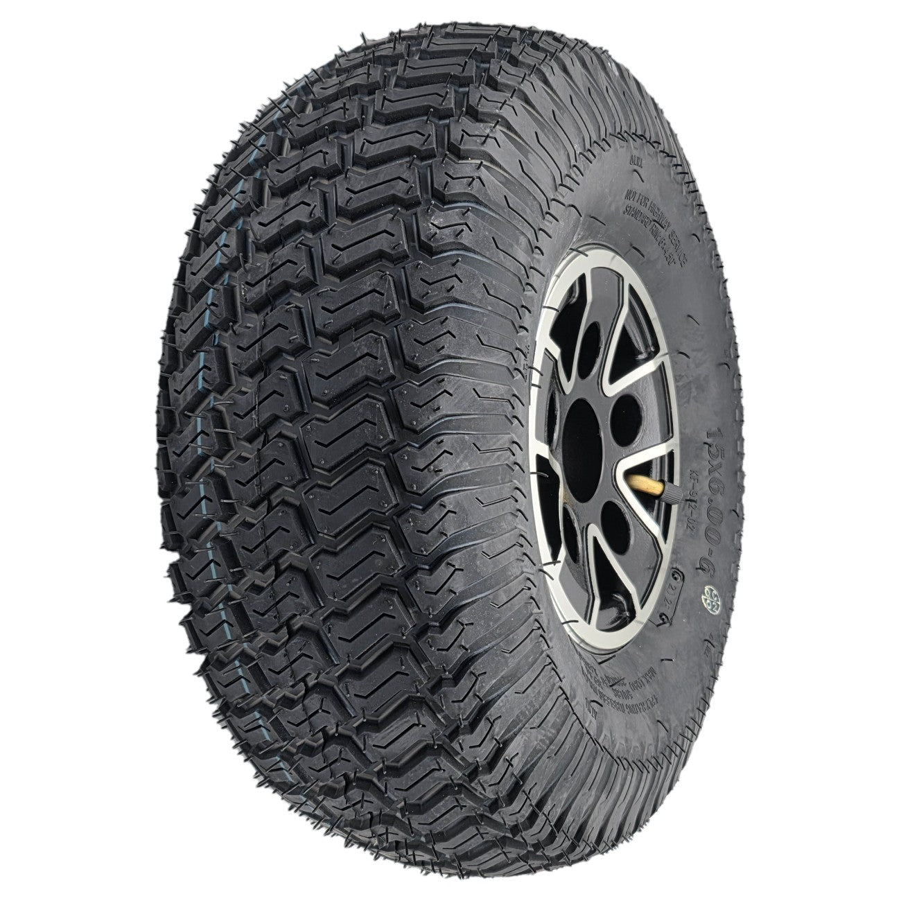 The 15x6.00-6 Wheel Assembly For Baja Wrangler 2 Mobility Scooter fits the front or rear tires features a knobby tire for extra traction on all surfaces.