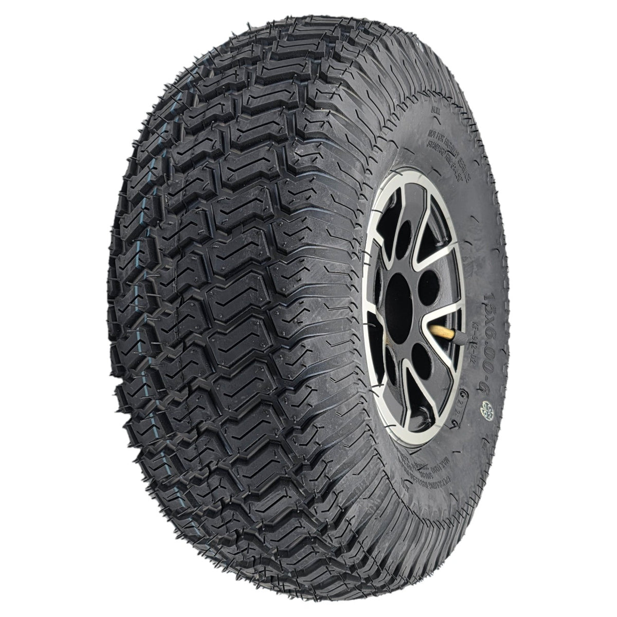 The 15x6.00-6 Wheel Assembly For Baja Wrangler 2 Mobility Scooter fits the front or rear tires features a knobby tire for extra traction on all surfaces.