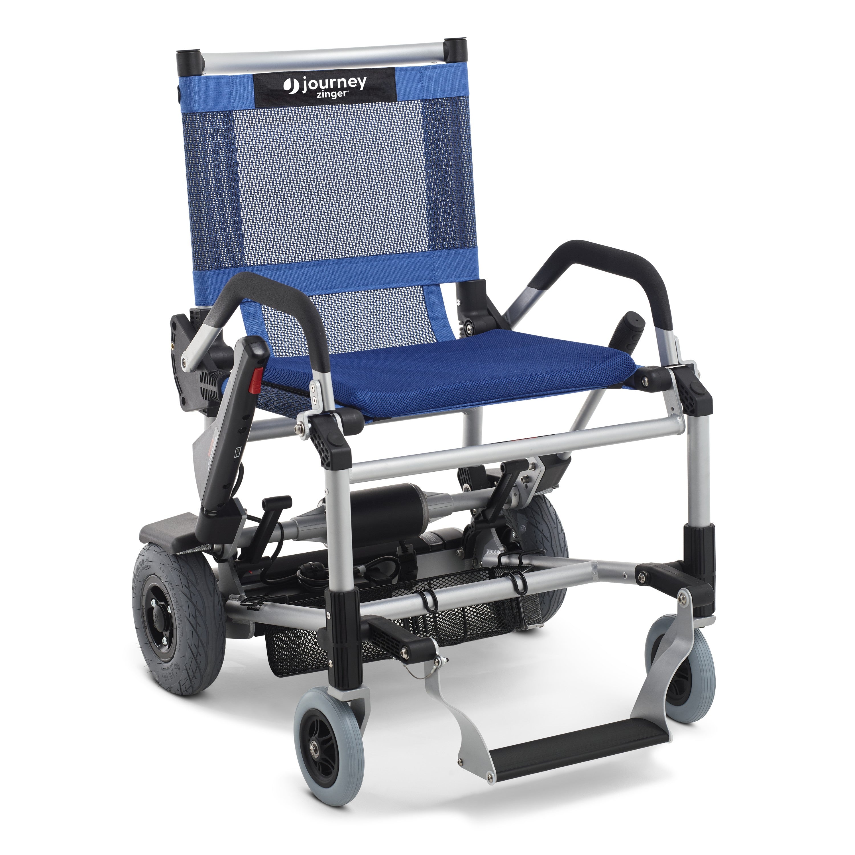 Close up view of the Lightweight portable Zinger Electric Folding Power Chair by Journey Health shown in blue