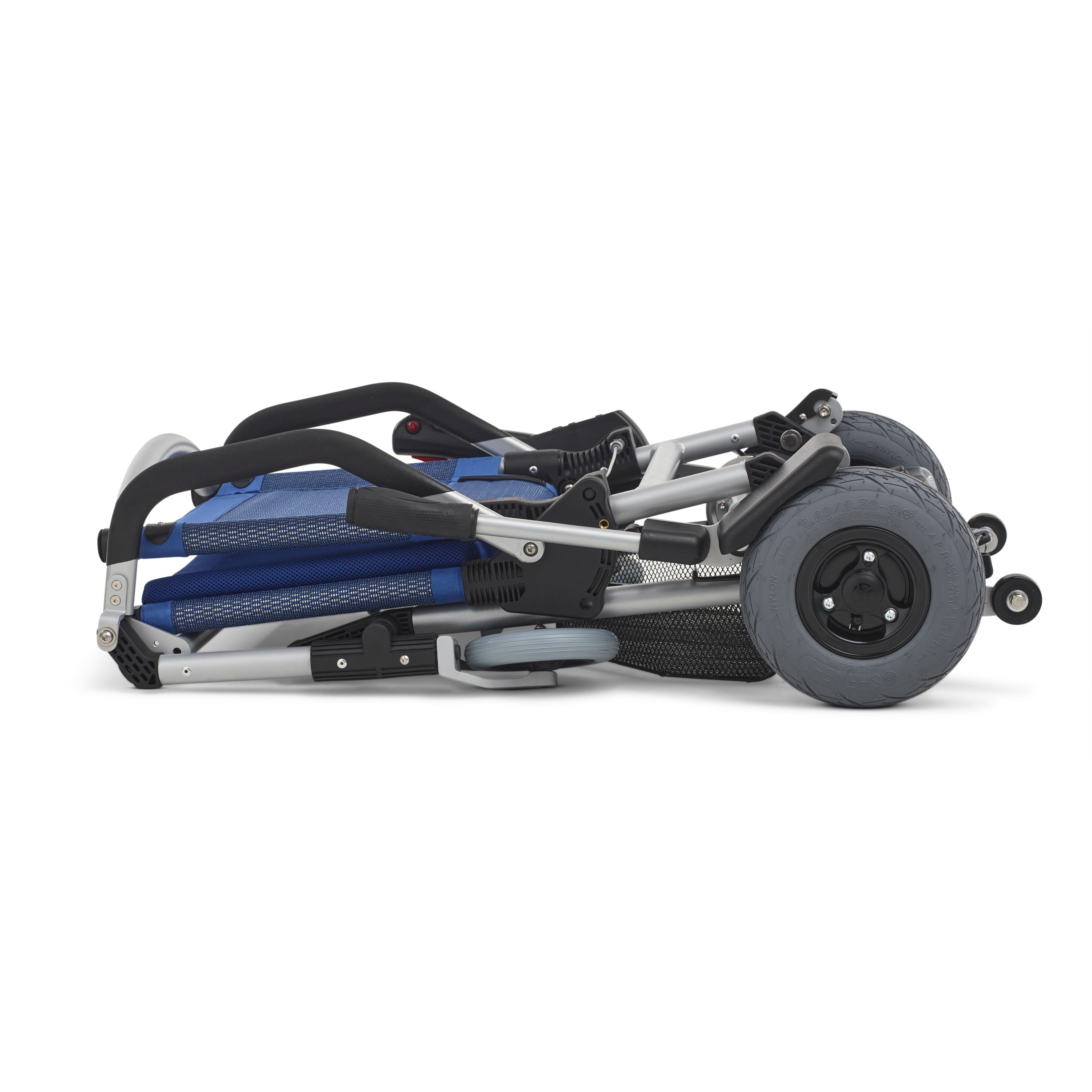 Lightweight portable Zinger Electric Folding Power Chair by Journey Health shown collapsed