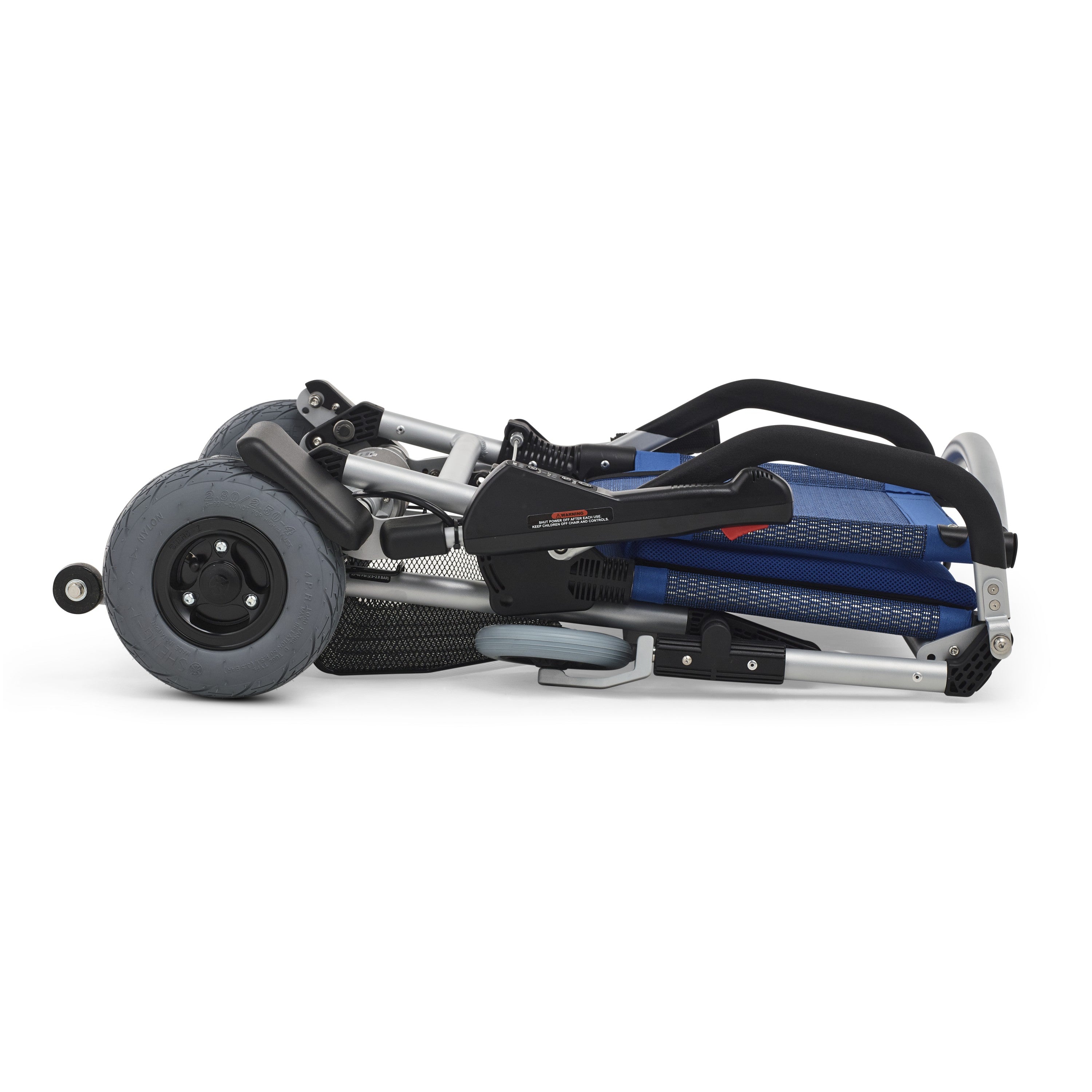 Lightweight portable Zinger Electric Folding Power Chair by Journey Health shown collapsed in blue