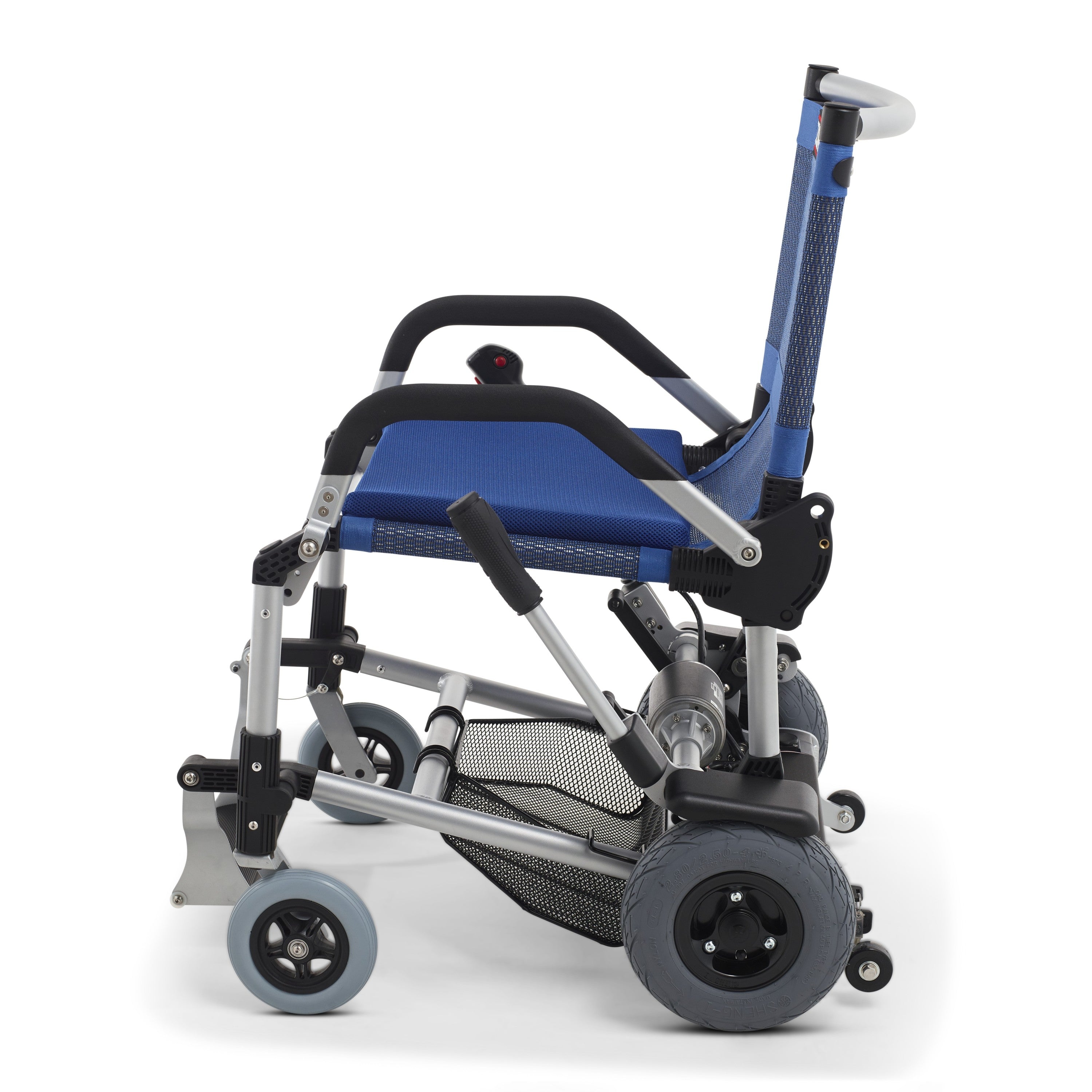 Leftside view of the Lightweight portable Zinger Electric Folding Power Chair by Journey Health shown