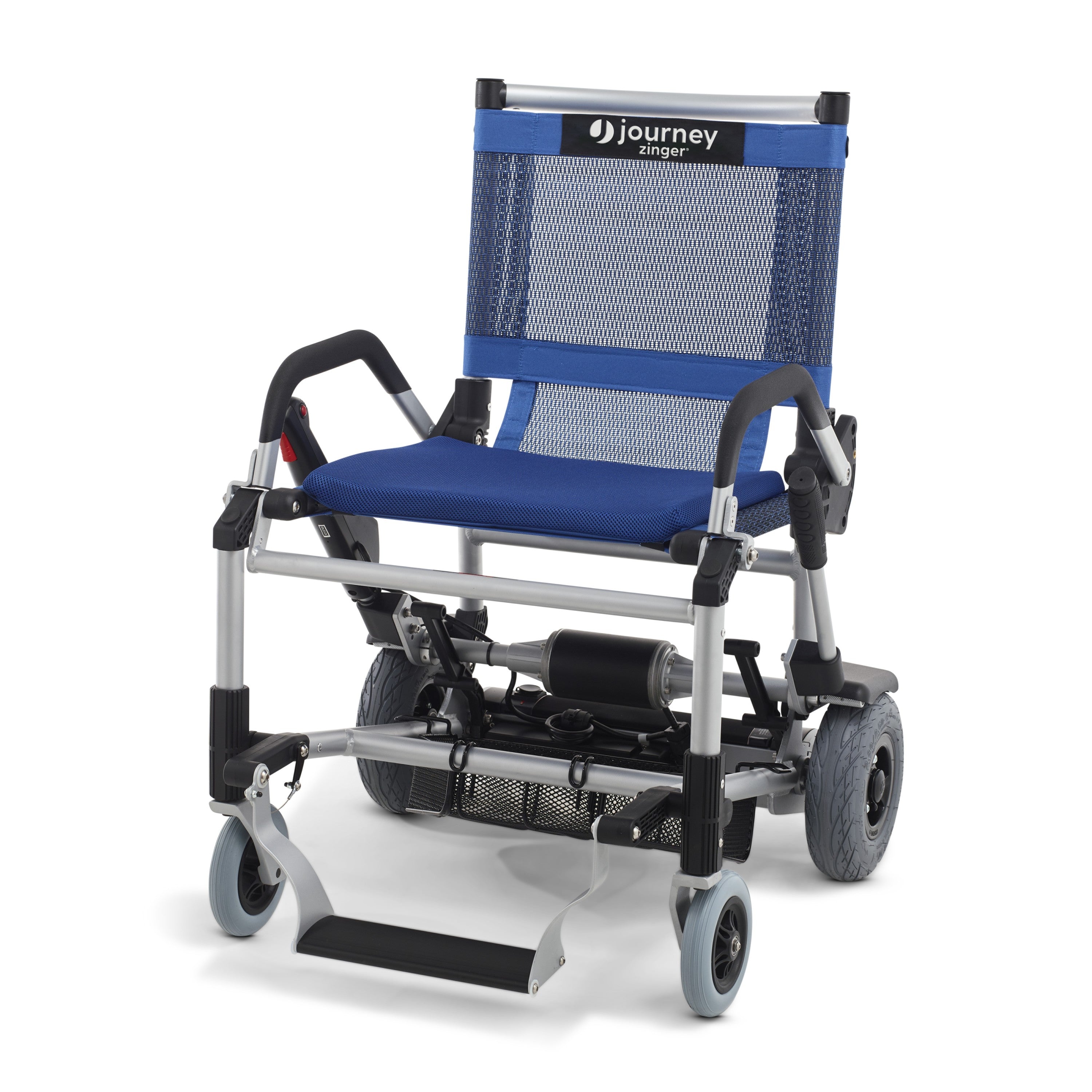 Angled view of the Lightweight portable Zinger Electric Folding Power Chair by Journey Health shown in blue