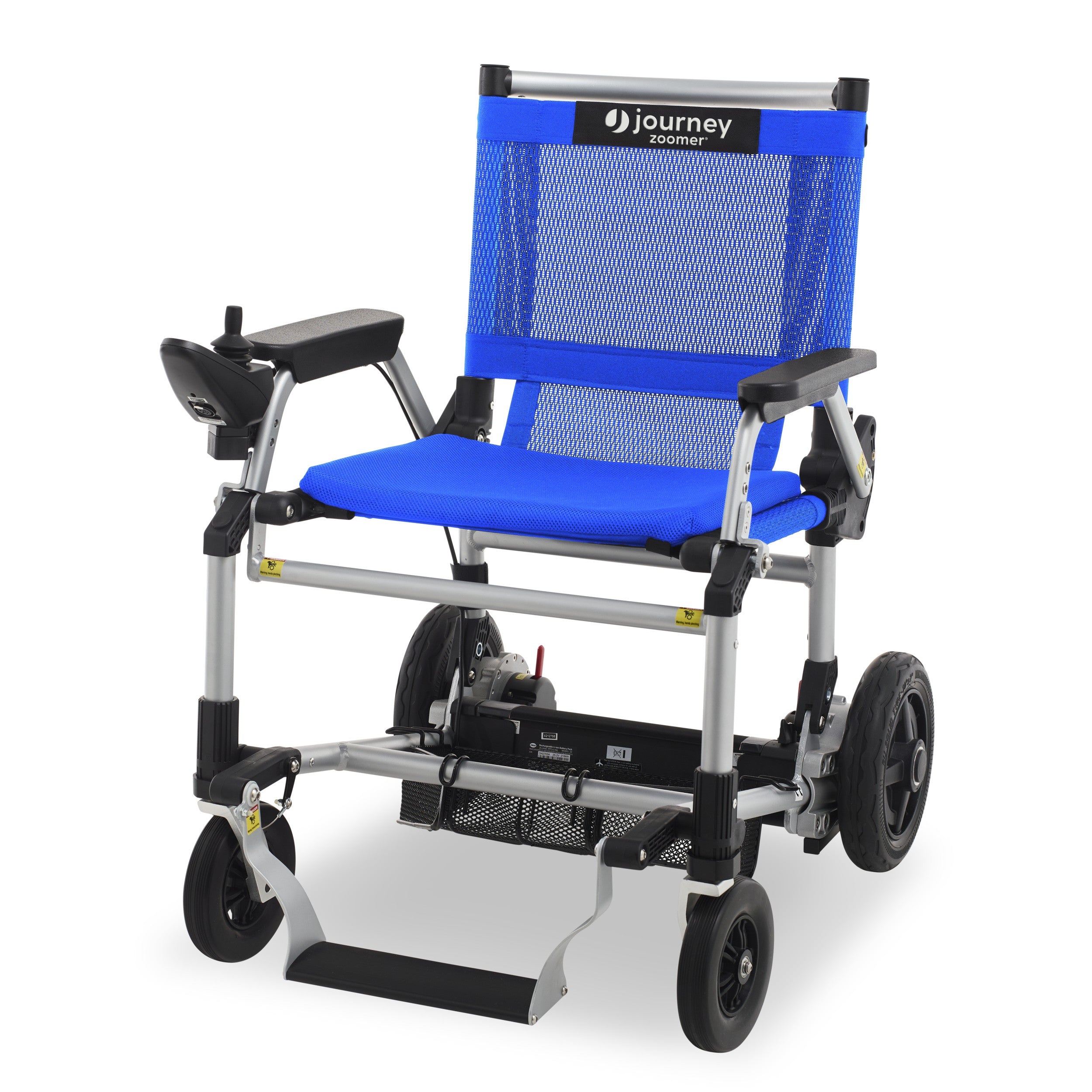 Experience unmatched freedom with the portable lightweight Zoomer Electric Folding Power Chair by Journey Health. Shown in blue