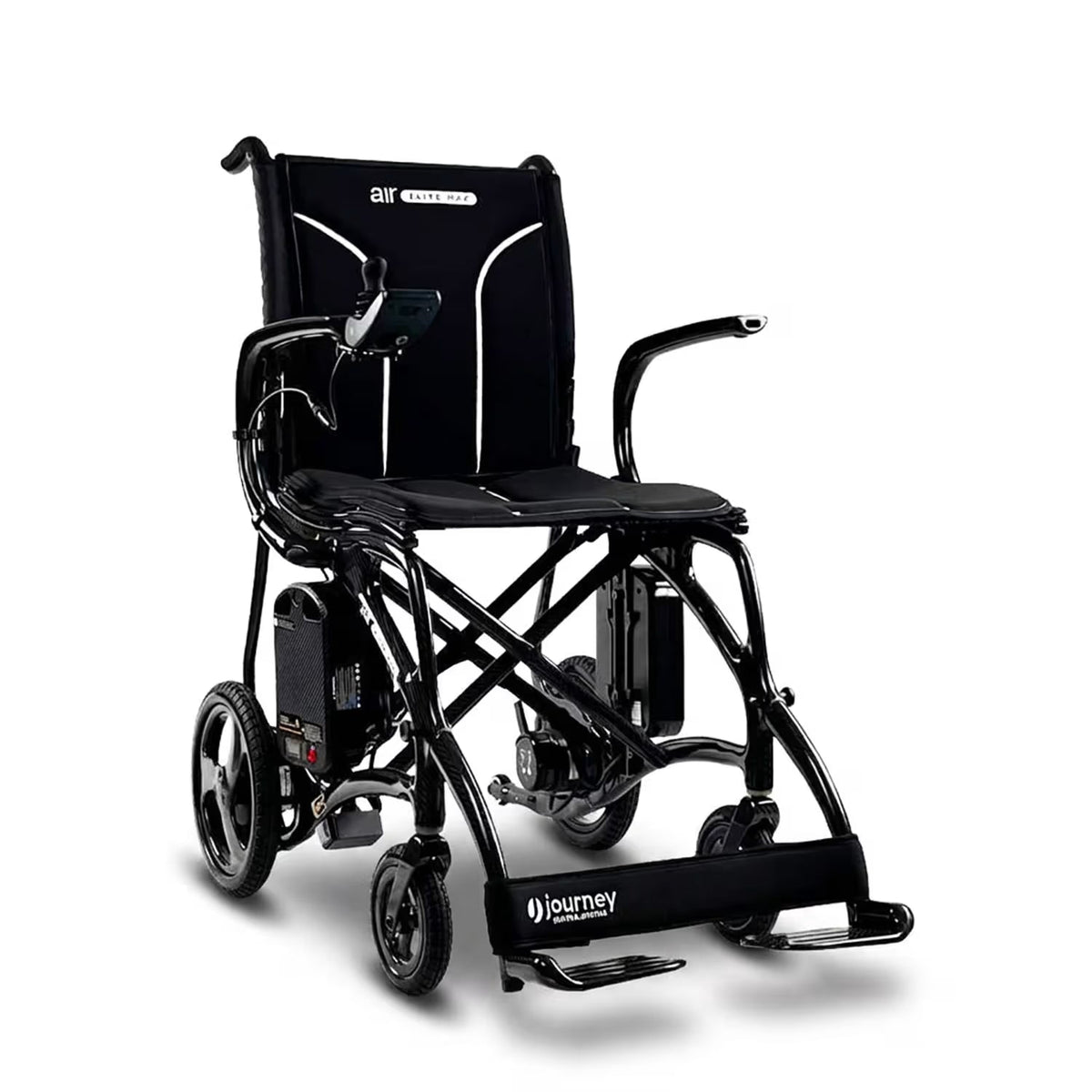 The Journey Air Elite Max Ultra-Lightweight Portable Power Chair is a black travel mobility chair with armrests, right-side joystick control, footrests, and small rear wheels. Journey Health & Lifestyle branding is visible on the footplate.