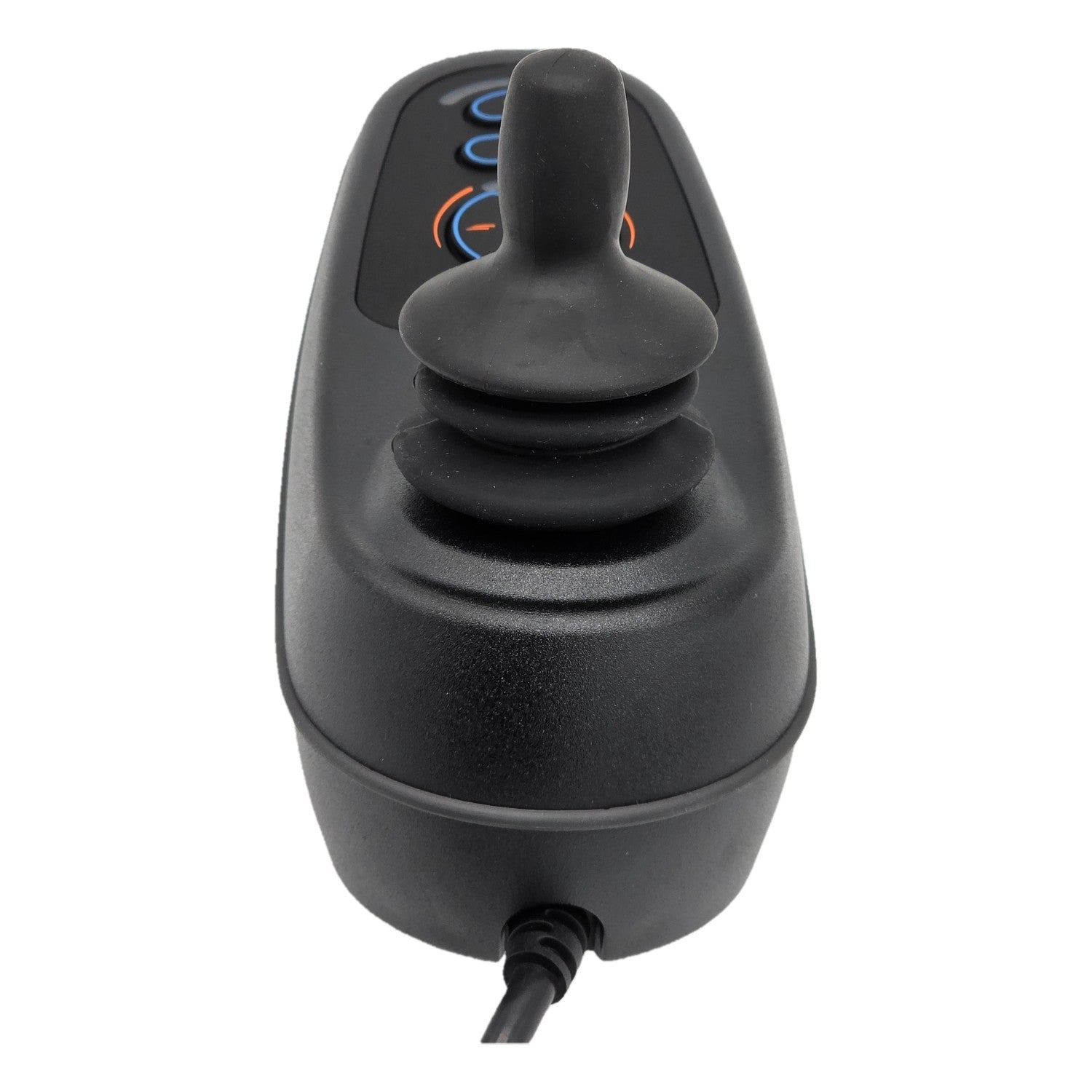 Back view of the PG Drives Technology D51427 nVR2 JSM joystick module for power wheelchairs. With yellow 4 pin connector.