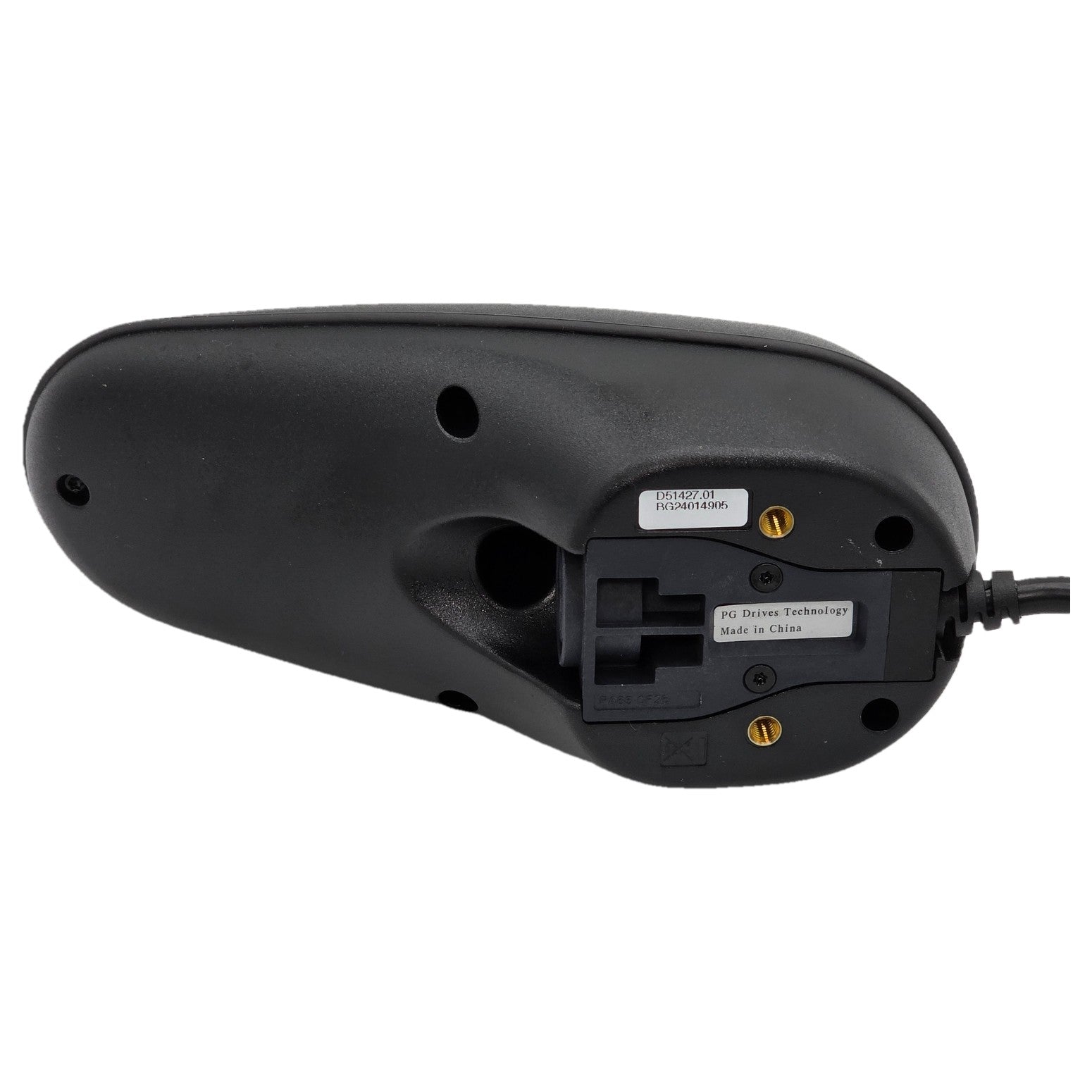Bottom view of the PG Drives Technology D51427 nVR2 JSM joystick module for power wheelchairs. With yellow 4 pin connector.