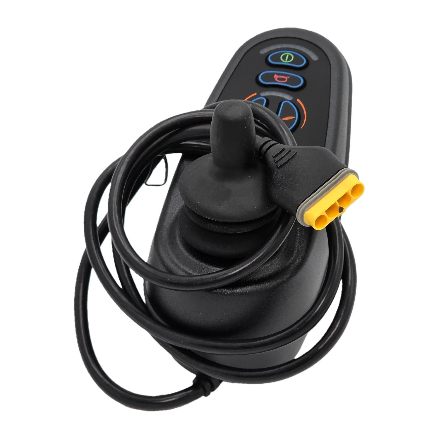 Top view of the PG Drives Technology D51427.01 nVR2 JSM joystick module for power wheelchairs. Yellow 4 pin connector shown.