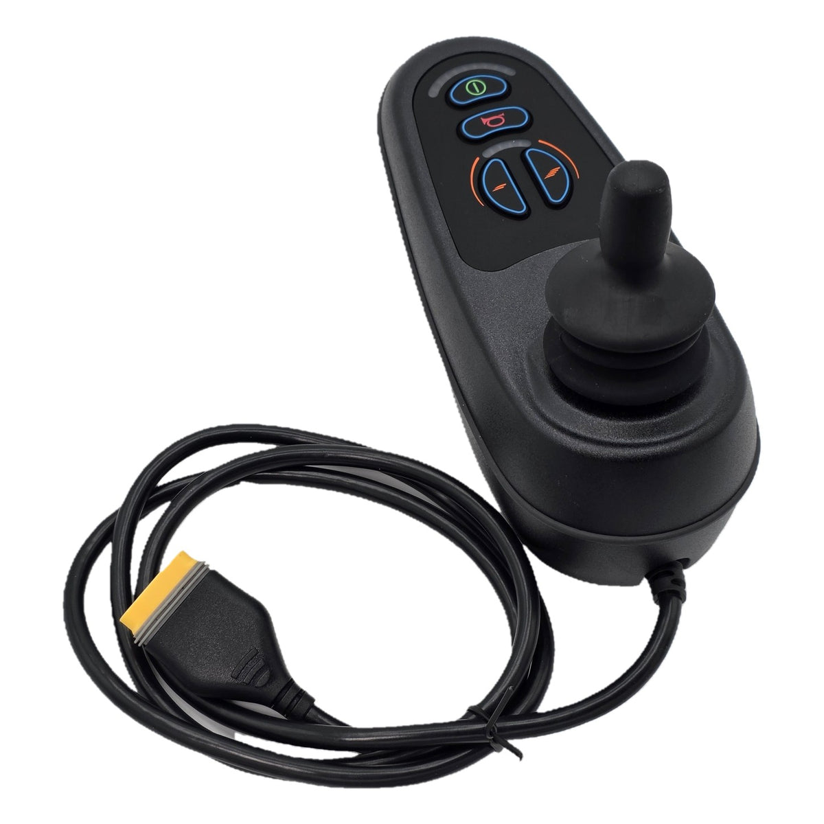 Close up view the replacement PG Drives Technology D51427.01 nVR2 JSM joystick module for power wheelchairs. Yellow 4 pin connector shown.