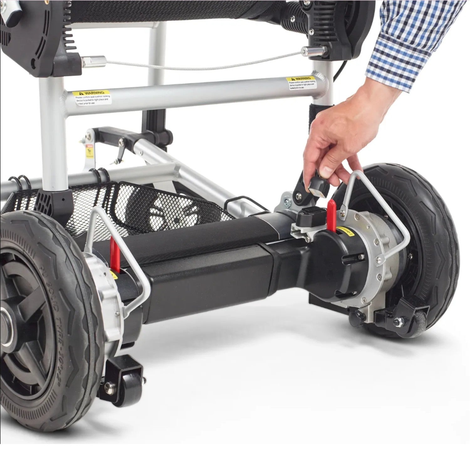 Experience unmatched freedom with the portable lightweight Zoomer Electric Folding Power Chair by Journey Health. Left and right motors shown
